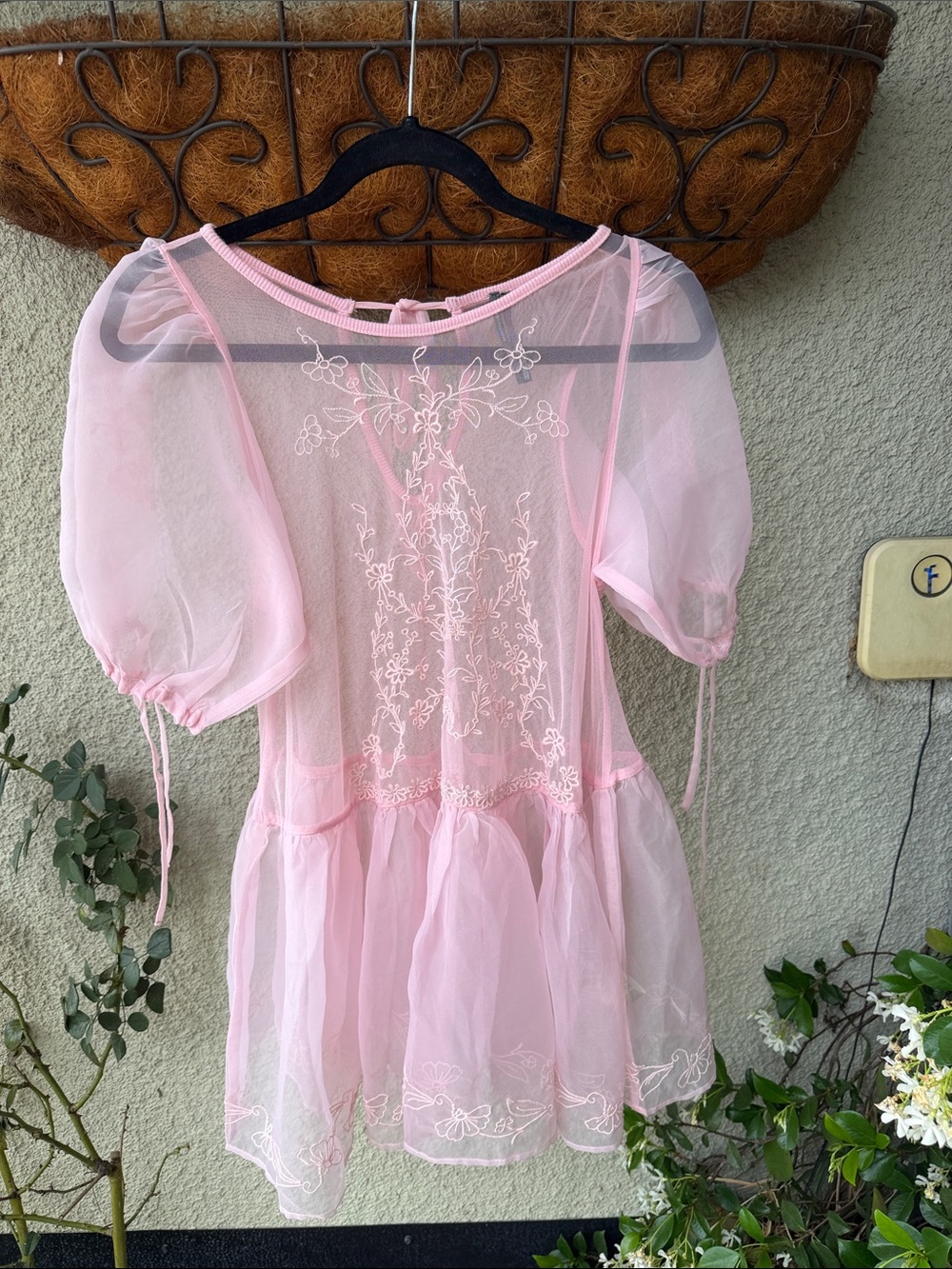 Anthropologie Pink Embroidered Sheer Mesh Babydoll Tunic Top NWOT Size S